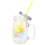 US Stock, CALCA 48 Packs 12oz Sublimation Clear Glass Mason Jar Cup with Handle, Metal Lids & Plastic Straws