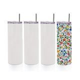 UK Stock-CALCA 10pcs 20oz White Glossy Taperless Sublimation Blank Skinny Tumbler Stainless Steel Insulated Water Bottle Double Wall Vacuum Travel Cup With Sealed Lid and Straw