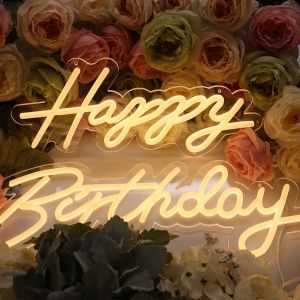 ES Stock, CALCA Happy Birthday Warm White Integrative Neon Sign for Birthday Party Decoration Size-24X9.4 inches+17.7X8.3 inches