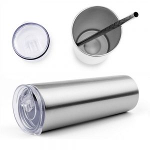 US Stock, 50 Pack 20 oz Sublimation Skinny Tumbler Blanks, Double Wall Insulated Classic Water Tumbler Cup with Lid and Straw Vacuum Travel Mug Unbreakable Wate Bottle (Silver)