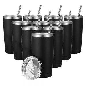 US Stock, CALCA 10pcs 20oz Travel Tumbler Stainless Steel Double Wall Vacuum Insulated Cup with Slider Lid(Black)