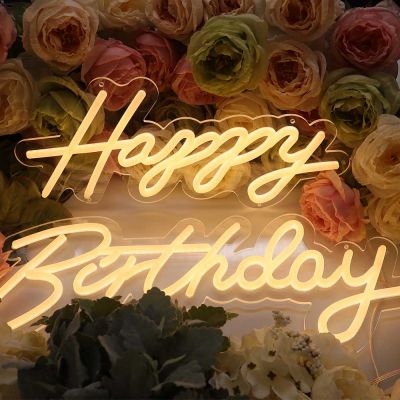 UK Stock, CALCA Happy Birthday Warm White Integrative Neon Sign for Birthday Party Decoration Size-24X9.4 inches+17.7X8.3 inches