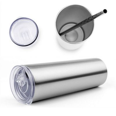 US Stock - CALCA 25 Pack 20 oz Sublimation Skinny Tumbler Blanks, Double Wall Insulated Classic Water Tumbler Cup with Lid and Straw Vacuum Travel Mug Unbreakable Wate Bottle (Silver)