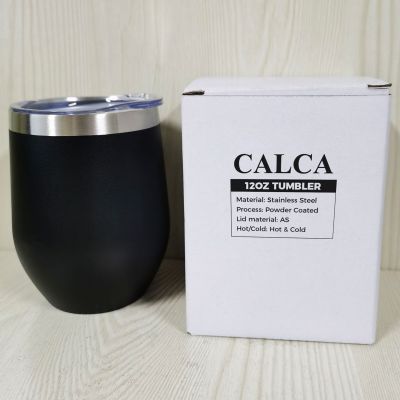 US Stock-CALCA 6 Pack 12oz Black Wine Tumbler Double Wall Stainless Steel Insulated Eggshell Cup with lid for Gift