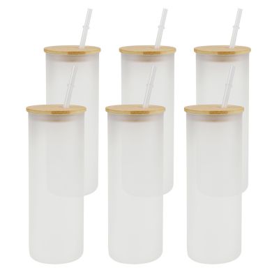 US Stock, CALCA 25pcs 25oz Sublimation Blanks Frosted Glass Tumbler Skinny Straight Travel Bottle with Bamboo Lid and Plastic Straw Jar Tumbler Cups Mugs (Local Pick-Up)
