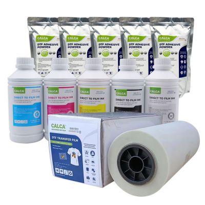 US Stock CALCA A3 DTF Film Rolls Printing Starter Supply Pack (1L CMYK, 1L W Ink, 11 lbs Powder, A3 Roll Film)